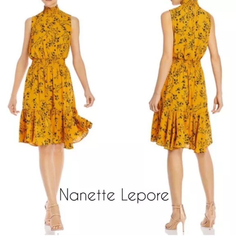 Nanette Lepore Colonel Mustard Floral Pleated High Neck Smocked MIDI Dress 6